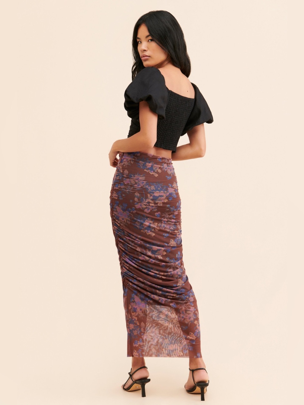 Anthropologie Floral Ruched Mesh Midi Skirt Brown Purple M Autumn Y2K Party Chic - Picture 2 of 13